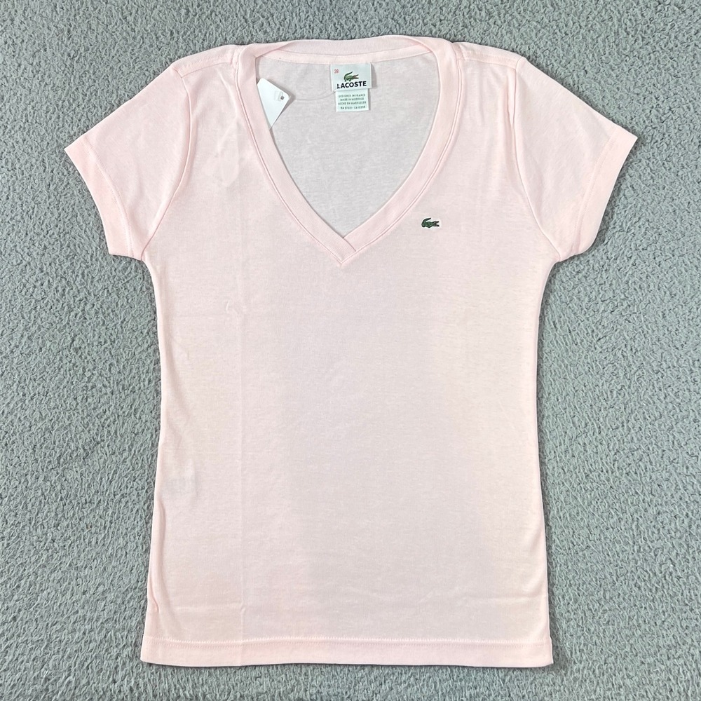 Lacoste V-Neck T-Shirt Women US Size M (EU/6) Pink Cotton Short Sleeve‎ Logo NWT